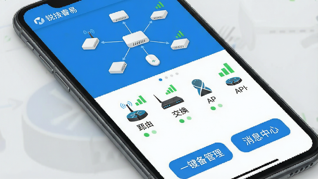 一张展示锐捷睿易软件主界面的高清截图,主体为手机竖屏界面,顶部显示网络拓扑图,中部列出路由器、交换机、AP等设备图标,底部有“一键优化”“设备管理”“消息中心”三个按钮,布局清晰,排版采用蓝白主色调,扁平化设计风格,细节上突出信号满格图标与设备在线状态,画质细腻干净,无多余元素,图片文字标注“锐捷睿易”