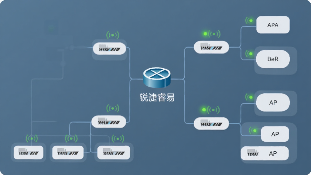 锐捷睿易软件的网络拓扑图预览,主体为动态拓扑界面,布局为树状结构,中心是路由器图标,分支连接交换机与AP,排版采用蓝灰色背景,节点以圆角矩形呈现,细节上信号灯为绿色闪烁,画质清晰干净,无多余元素,图中央文字“锐捷睿易”