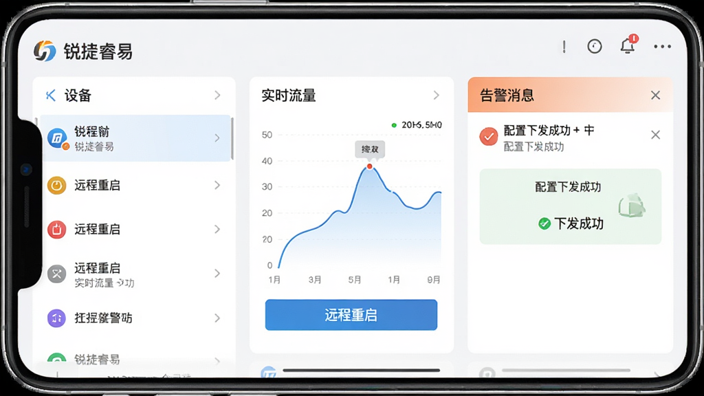锐捷睿易远程管理界面截图,主体为手机APP的云管理页面,布局分为设备列表、实时流量曲线、告警消息三个区域,排版采用卡片式设计,细节上显示“远程重启”按钮与“配置下发成功”提示,画质高清干净,无多余元素,图片文字“锐捷睿易”