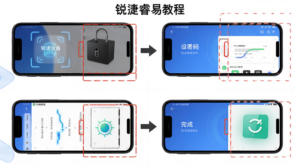 锐捷睿易使用教程插图,主体为手机APP操作步骤截图,布局分为四格流程,第一步扫描设备,第二步设置密码,第三步一键优化,第四步完成,排版采用箭头连接,细节上每个步骤都有红色框选标注,画质高清干净,无多余元素,图片文字“锐捷睿易教程”