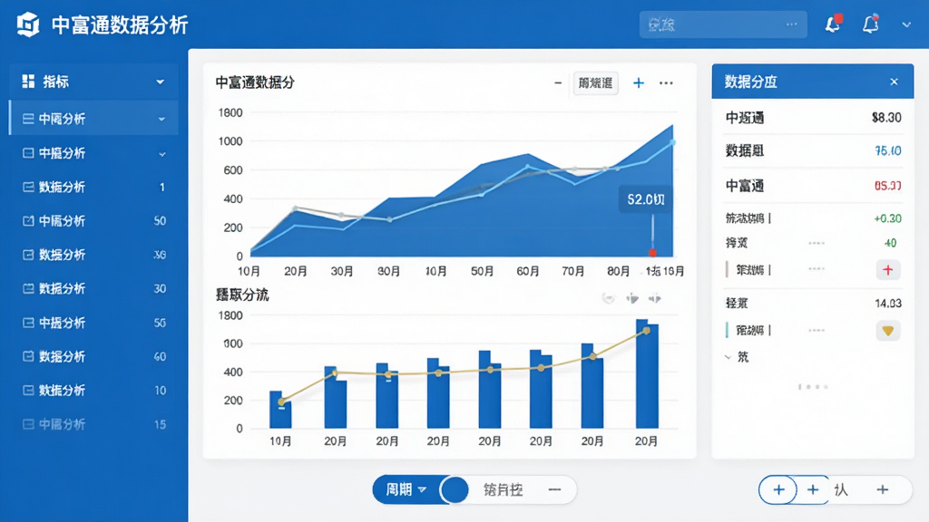 中富通数据分析页面,折线图与柱状图结合展示,左侧指标列表,右侧数据面板,底部有周期切换按钮,整体布局专业,蓝白配色,高清渲染,无多余元素