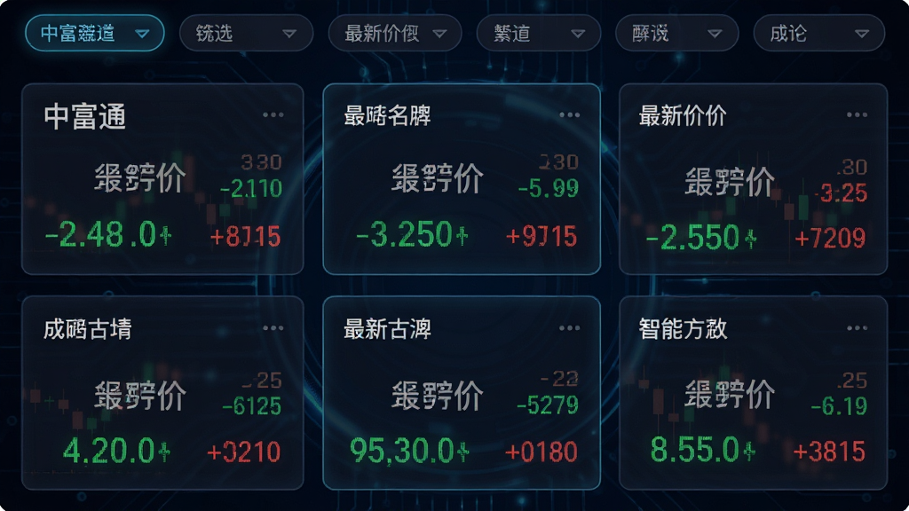 中富通智能行情监控界面,多块行情卡片排列,显示股票名称、最新价、涨跌幅,绿色红色数字跳动,顶部有筛选标签,背景深色主题,科技感强,画质清晰,无多余元素