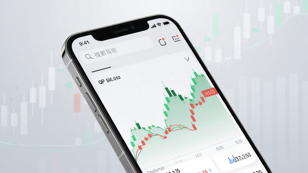中富通APP主界面展示,手机屏幕显示股票行情图表,绿色和红色数据曲线交错,顶部有搜索栏和功能图标,整体界面简洁现代,背景为浅灰色渐变,画面干净明亮,高清渲染,突出金融科技感,无多余元素