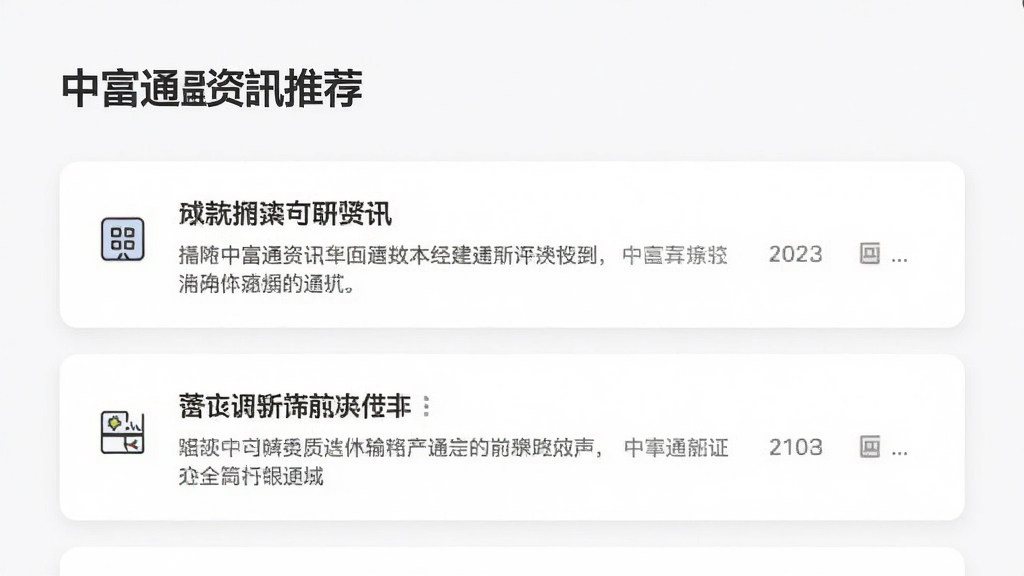 中富通资讯推荐界面,卡片式新闻列表,包含标题和摘要,配有小图标,背景干净,文字清晰,整体风格简约,无多余元素