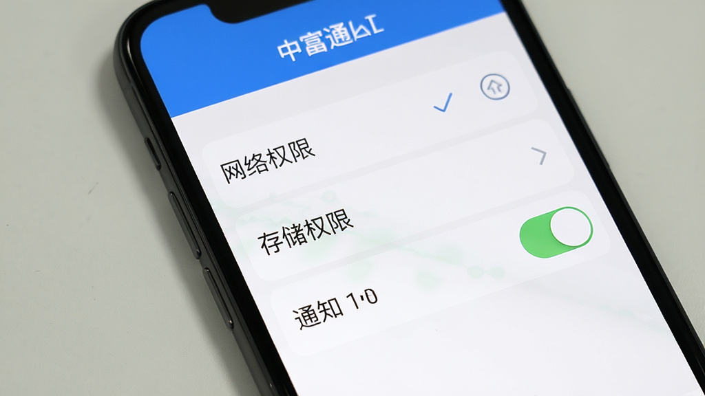 中富通使用教程界面,手机屏幕展示设置菜单选项,包括网络权限、存储权限、通知开关,背景简洁,文字清晰,画质干净,无多余元素