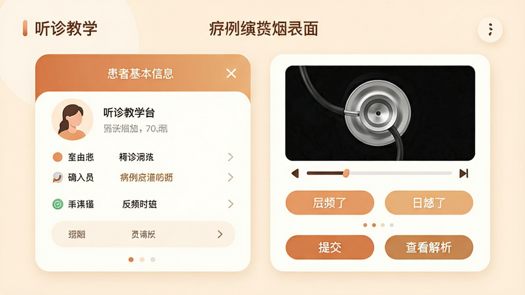 展示“听诊教学”病例演练界面,左侧是患者基本信息卡片,右侧是听诊音频播放区与选项按钮,底部有提交与查看解析按钮,整体布局清晰,采用暖色调,画质柔和,干净无多余元素。