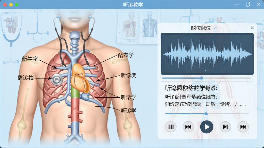 图片中央展示“听诊教学”软件主界面,包含听诊部位示意图与音频播放面板,背景为淡蓝色医学风格,界面简洁清晰,左侧是人体胸腔模型标注听诊区域,右侧是波形与文字说明,整体排版专业有序,画质高清,干净无多余元素。