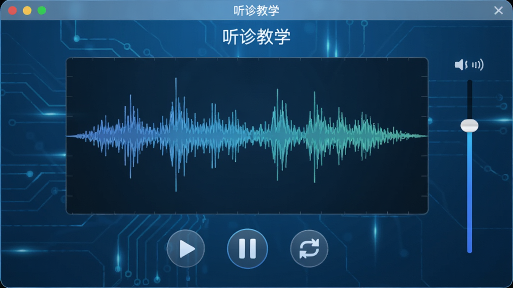展示“听诊教学”软件音频波形界面,中央是动态声波图,周围有播放、暂停、循环按钮,右侧是音量调节滑块,风格简洁现代,蓝色科技感背景,画质细腻,干净无多余元素。