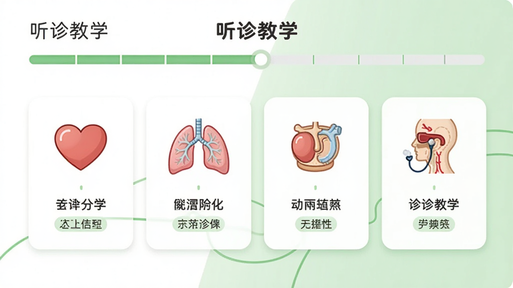 展示“听诊教学”学习路径页面,顶部是进度条,下方是四个模块卡片依次排列,卡片上有心形、肺部等图标,背景为白色与浅绿色,排版整齐,风格清新,画质清晰,干净无多余元素。