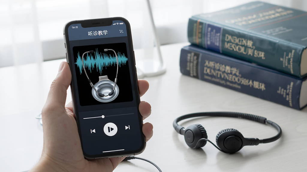 展示“听诊教学”软件在手机上的实际使用场景,一部手机显示听诊音频播放界面,旁边有耳机,背景为书桌与医学书籍,光线柔和,画质清晰,干净无多余元素。