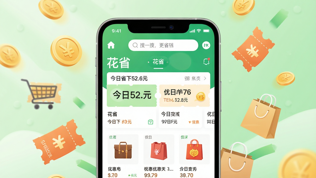 主体:一款名为“花省”的手机应用界面横屏展示,占据画面中心,屏幕内清晰显示“花省”APP的首页,布局以清新绿色和白色为主,展示各类优惠券和折扣商品列表,顶部搜索框写着“搜一搜,更省钱”。背景为柔和的浅绿色渐变,周围漂浮着金币、优惠券、购物袋等元素,营造出省钱实惠的氛围。布局:居中构图,应用界面为主体,背景元素环绕点缀。排版:应用界面清晰展示,功能区域分明。风格:扁平化设计风格,色彩明快,现代感强,注重功能性的视觉表达。细节:应用界面内的文字“花省”和“今日省下52.6元”清晰可见,画面干净,无多余元素。画质:8K超高清,细节丰富,光影柔和,整体画面通透干净,无多余元素。