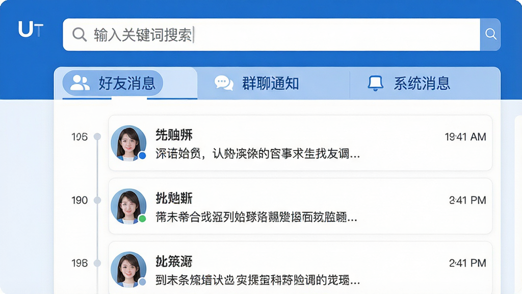 主体:Uta软件的消息管理界面,展示消息分类标签和搜索栏。布局:顶部为搜索栏,下方为三个横向标签“好友消息”、“群聊通知”、“系统消息”,内容区显示不同类别的消息列表。排版:标签式导航,消息列表采用时间线布局。风格:简洁商务,蓝白配色,线条利落。细节:搜索栏有“输入关键词搜索”提示,消息条目显示头像、姓名、预览文字和时间。画质:高清,干净,无多余元素。