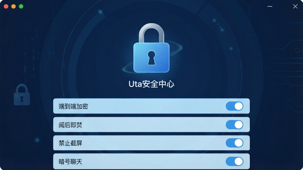 主体:Uta软件的隐私安全设置界面,展示加密锁图标和隐私选项开关。布局:界面中央为一把大锁图标,下方排列多个设置项。排版:列表式布局,每个设置项右侧有开关按钮。风格:沉稳科技风,深蓝色背景,搭配浅蓝色高亮元素。细节:设置项包括“端到端加密”、“阅后即焚”、“禁止截屏”、“暗号聊天”,锁图标下方有“Uta安全中心”字样。画质:高清,干净,无多余元素。