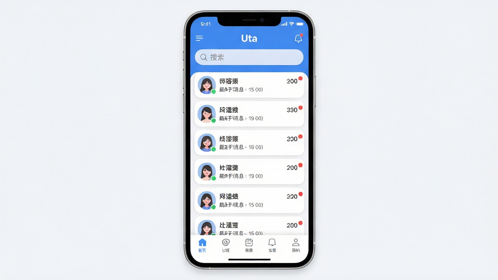 主体:一款名为“Uta”的社交软件界面,展示其主屏幕、聊天列表和个性化主题。布局:手机屏幕居中,界面元素清晰,从上到下依次为状态栏、搜索框、聊天列表、底部导航栏。排版:简洁的列表式布局,头像、昵称、最后消息时间对齐,底部导航图标均匀分布。风格:现代扁平化设计,色彩清新明亮,以蓝色和白色为主色调,圆角卡片元素。细节:聊天列表中有未读消息红点,搜索框有“搜索”提示文字,界面有“Uta”品牌标识。画质:高清,干净,无多余元素。