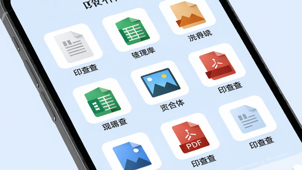 主体:手机屏幕展示“印查查”APP内多种文件格式图标,包括文档、表格、图片、PDF。布局:文件图标以九宫格形式均匀排列。排版:每个图标下方有对应格式名称。风格:简洁商务风,背景为淡蓝色。细节:文件图标带有缩略图预览。画质:高分辨率,干净,无多余元素。
