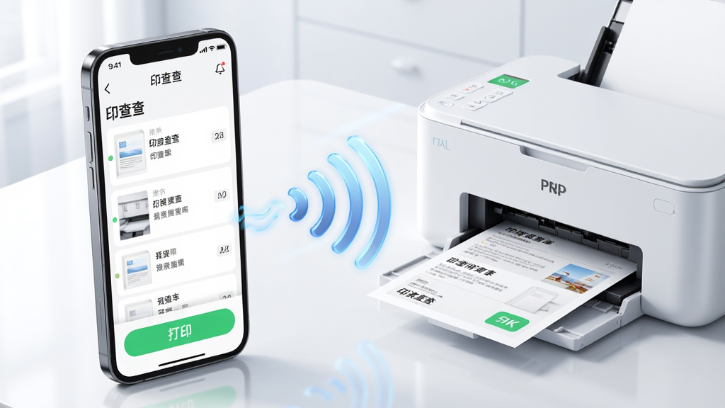 主体:智能手机与打印机无线连接,手机屏幕显示“印查查”APP打印界面,打印机正在输出文件。布局:手机置于画面左侧,打印机置于右侧,中间以Wi-Fi信号波纹连接。排版:手机界面清晰显示文件列表与绿色打印按钮。风格:现代科技感,明亮通透。细节:手机屏幕内容放大显示,纸张从打印机缓缓送出,画质:8K超高清,干净,无多余元素。