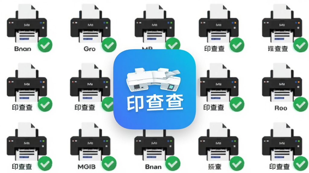 主体:“印查查”软件图标悬浮在众多打印机型号图标之上。布局:软件图标居中,各品牌打印机图标环绕排列。排版:图标排列整齐,带有连接成功的绿色对勾标识。风格:扁平化设计,色彩鲜明。细节:每个打印机图标下方标注品牌名称。画质:清晰锐利,干净,无多余元素。