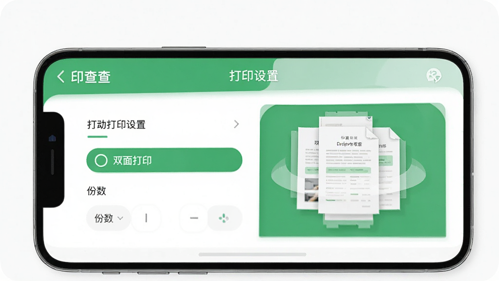 主体:手机横屏显示“印查查”APP的打印设置页面,包含双面打印选项和份数选择。布局:手机居中,画面放大展示。排版:设置项以列表形式清晰排列。风格:清爽简洁,绿色主题色。细节:纸张动画演示双面打印过程。画质:高清,干净,无多余元素。