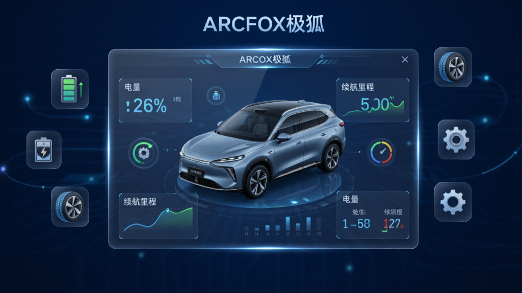 主体为一块悬浮的透明全息屏幕,上面显示ARCFOX极狐汽车的3D模型与各种数据图表。布局为屏幕居中,周围环绕着电池、轮胎、齿轮等小型功能图标。风格为科技感UI界面设计,细节包括电量百分比数字、续航里程曲线图、胎压数值。画质采用深蓝色科技背景,高光点缀,画面干净整洁,无多余元素,顶部有“ARCFOX极狐”字样