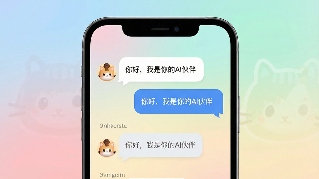 主体:猫箱应用界面展示,虚拟角色正在与用户对话。布局:前景为手机屏幕,屏幕上显示对话气泡,背景为柔和渐变色调。排版:手机居中,界面元素清晰可见。风格:现代扁平化,色彩明快。细节:对话气泡中显示“你好,我是你的AI伙伴”字样,角色头像可爱。画质:高清,干净,无多余元素。