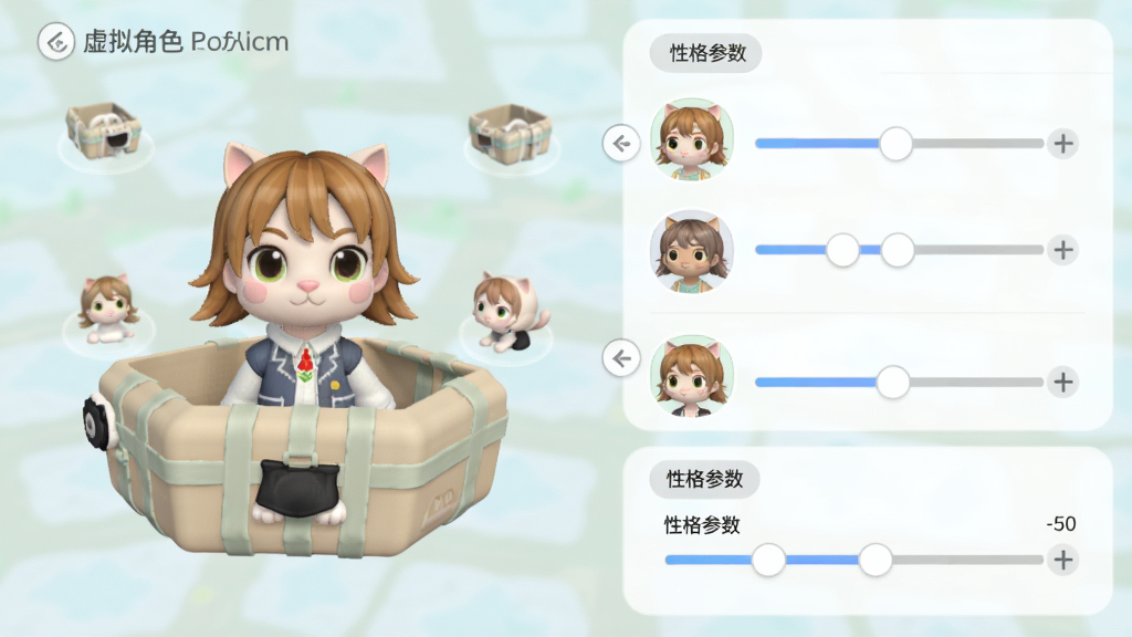 主体:猫箱虚拟角色定制界面。布局:左侧为角色形象预览,右侧为各项属性调节滑块。排版:界面规整,功能分区明确。风格:清新简约,色彩柔和。细节:角色头像具有多种发型、服饰选项,并标注“性格参数”调节条。画质:清晰细腻,干净,无多余元素。