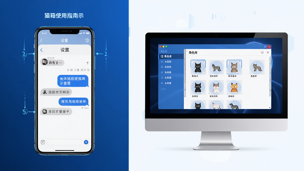 主体:猫箱使用指南示意图,包含手机和电脑两种设备。布局:左右分屏,左侧手机界面显示对话,右侧电脑显示器显示角色管理。排版:图文结合,步骤编号。风格:科技感,蓝色调。细节:手机屏幕有“设置”菜单,电脑屏幕有“角色库”窗口。画质:清晰,干净,无多余元素。