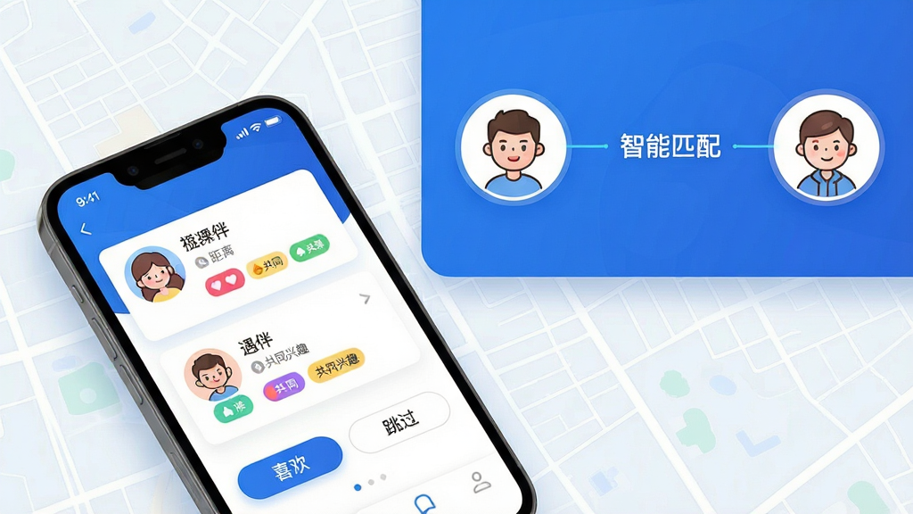 主体:手机应用界面展示“遇伴”的智能匹配功能,屏幕上有两个用户卡片,卡片上显示头像、昵称、距离和共同兴趣标签,底部有“喜欢”和“跳过”按钮。布局:手机位于画面左下角,右上角有放大的匹配过程示意图,用线条连接两个用户头像,中间有“智能匹配”字样。排版:界面元素排列整齐,卡片信息层次分明。风格:科技感与温馨感结合,色彩以蓝色和白色为主。细节:头像为卡通风格,共同兴趣标签用彩色小图标表示,背景有浅色地图网格。画质:高分辨率,细节丰富,干净无多余元素。