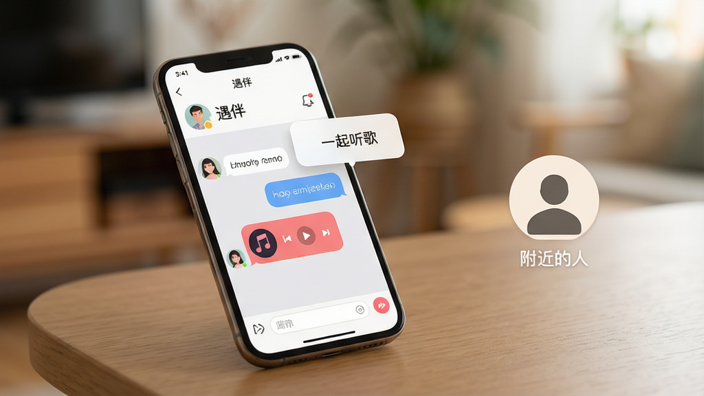 主体:一部手机平放在桌面上,屏幕显示“遇伴”应用的聊天界面,上方是对方头像和昵称,下方是对话气泡,其中一个气泡内有一个音乐播放器样式。布局:手机位于画面中央偏左,右侧有一个人物剪影图标,表示“附近的人”功能。排版:聊天界面清晰,气泡有圆角,背景为浅灰色。风格:简洁温馨,色彩柔和。细节:手机屏幕上有“一起听歌”的悬浮窗,背景有模糊的室内环境。画质:高清晰度,干净无多余元素。