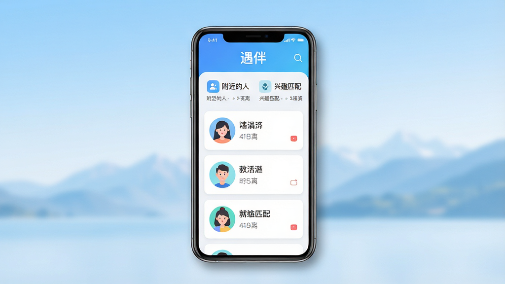 主体:一部智能手机屏幕占据画面中心,屏幕上显示“遇伴”应用的主界面,界面顶部有“遇伴”字样,下方是附近的人卡片列表,卡片上有人物头像和距离标签,整体界面风格简洁清爽。布局:手机位于画面中央,背景为柔和的渐变蓝色,四周留白,突出应用界面。排版:手机屏幕内信息清晰可辨,卡片式布局,文字标签醒目。风格:现代扁平化设计,色彩明亮,符合社交应用气质。细节:手机边缘有轻微阴影,屏幕上有“附近的人”“兴趣匹配”等栏目图标,背景有模糊的风景轮廓。画质:高清渲染,干净无多余元素。