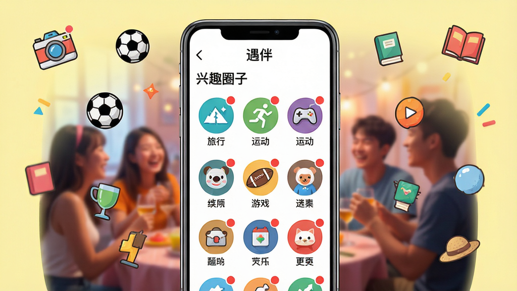 主体:手机屏幕上显示“遇伴”的兴趣社群页面,顶部有“兴趣圈子”标题,下方是多个圆形图标,代表不同兴趣分类,如旅行、运动、游戏等,每个图标下有小字标注。布局:手机居中,背景为淡黄色,周围漂浮着各种兴趣相关的小图标,如相机、足球、书本等。排版:图标整齐排列,色彩鲜艳,文字清晰。风格:活泼明快,富有青春气息。细节:每个圈子图标上有一个小红点表示新消息,背景有模糊的聚会场景。画质:高清,色彩饱满,干净无多余元素。