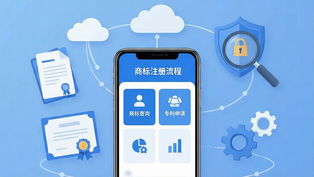 主体:云葫芦知识产权App界面展示,手机屏幕显示商标注册流程,背景有放大镜与盾牌图标。布局:手机居中,左右两侧漂浮着文件、证书、齿轮等元素,上方有云朵连接。排版:简洁明快,图标有序排列,色彩以蓝色和白色为主。风格:现代科技感,扁平化设计,干净明亮。细节:手机屏幕内容清晰可见,包含“商标查询”、“专利申请”等模块,背景有淡淡的网格纹理。画质:高清渲染,干净,无多余元素。