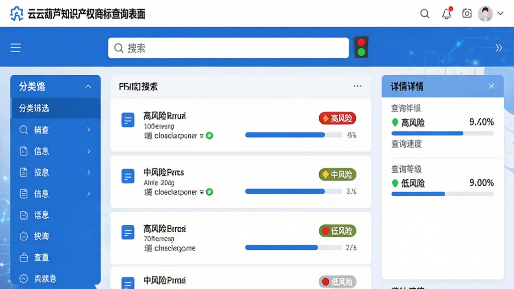 主体:云葫芦知识产权商标查询界面,显示搜索框和结果列表,风险等级用红绿灯标识。布局:上方搜索框,下方列表,左侧为分类筛选栏,右侧为详情面板。排版:信息层级分明,图标简洁。风格:商务科技风,蓝白配色,界面清晰。细节:搜索结果中标注“高风险”、“中风险”、“低风险”标签,并有进度条展示查询速度。画质:高清,干净,无多余元素。