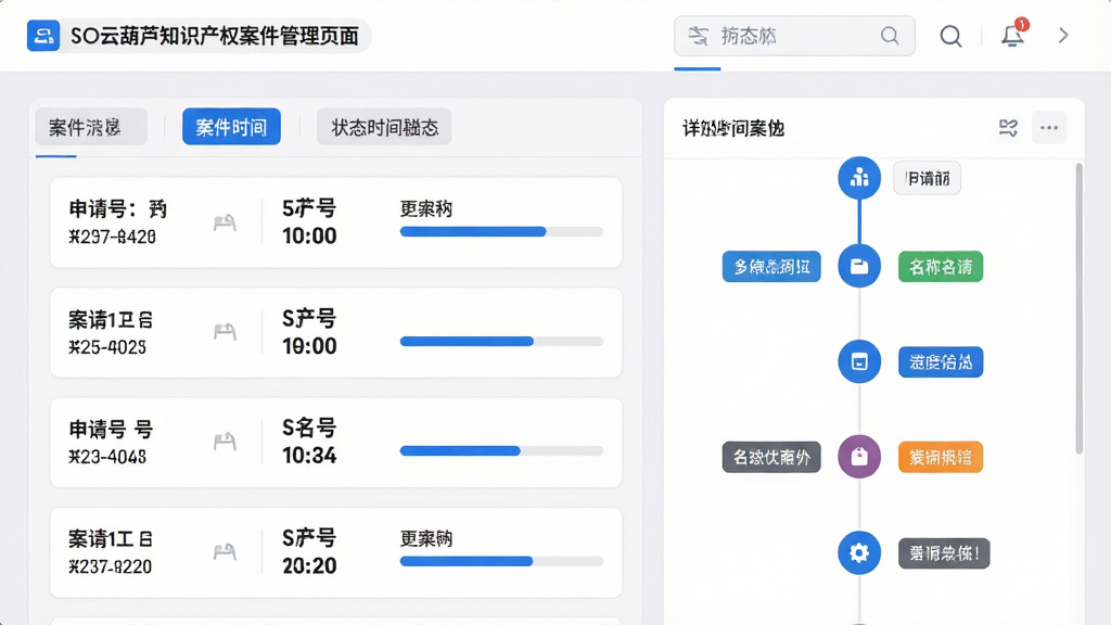 主体:云葫芦知识产权案件管理页面,展示案件列表和状态时间轴。布局:左侧为案件清单,右侧为详情时间轴,顶部有筛选标签。排版:时间轴清晰,状态标签颜色区分。风格:简洁商务风,浅灰色背景,蓝色高亮。细节:案件卡片显示申请号、名称、进度条,时间轴有节点图标。画质:高清渲染,干净,无多余元素。