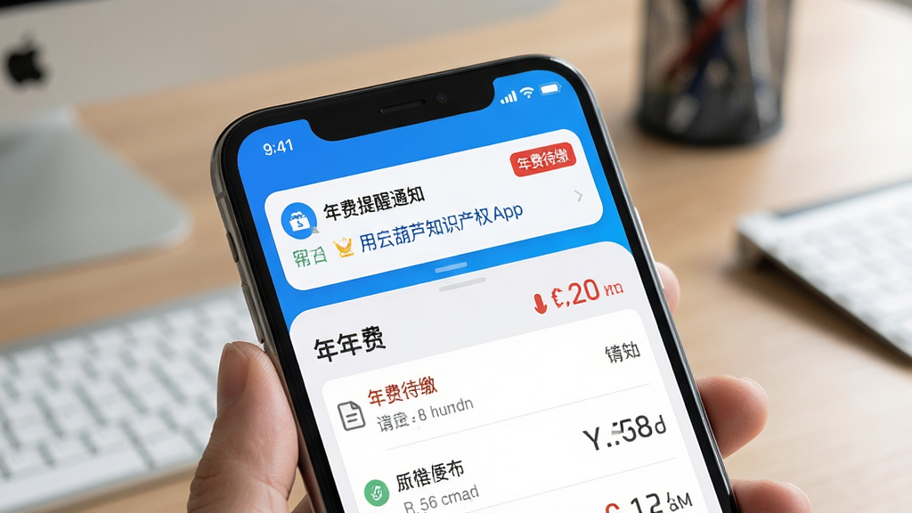 主体:用户使用云葫芦知识产权App,正在查看年费提醒通知。布局:手机屏幕特写,上方有通知横幅,下方是年费列表。排版:通知横幅醒目,列表清晰。风格:写实摄影,光线柔和。细节:手机屏幕显示“年费待缴”红色标签,背景为办公桌面。画质:高清,干净,无多余元素。