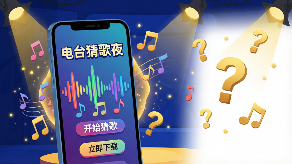 主体:一部亮着屏幕的智能手机,屏幕上显示“电台猜歌夜”的彩色界面,界面中有音乐波形、音符图标和“开始猜歌”按钮。背景是深蓝色调的演播室氛围,有暖黄色聚光灯效果。布局:手机位于画面中央偏左,右侧留白区域漂浮着金色问号和音符符号。排版:手机屏幕占据主体,四周有光效粒子。风格:现代扁平插画风,色彩鲜艳明亮,对比度高。细节:手机屏幕上有“电台猜歌夜”字样,音符与问号围绕,底部有“立即下载”按钮。画质:4K高清,干净无多余元素。