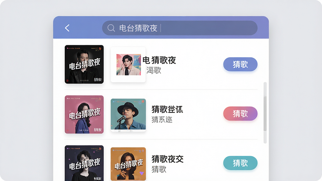主体:一个巨大的音乐播放列表界面,上面排列着不同风格的专辑封面,封面有中文歌名和歌手名,顶部搜索栏写着“电台猜歌夜”。布局:列表垂直排列,左侧是封面缩略图,右侧是歌名和“猜歌”按钮。排版:界面扁平化,色彩缤纷但和谐。风格:现代UI设计风格,干净简洁。细节:每个专辑封面都有“电台猜歌夜”的水印,背景是淡灰色。画质:高清,无多余元素。