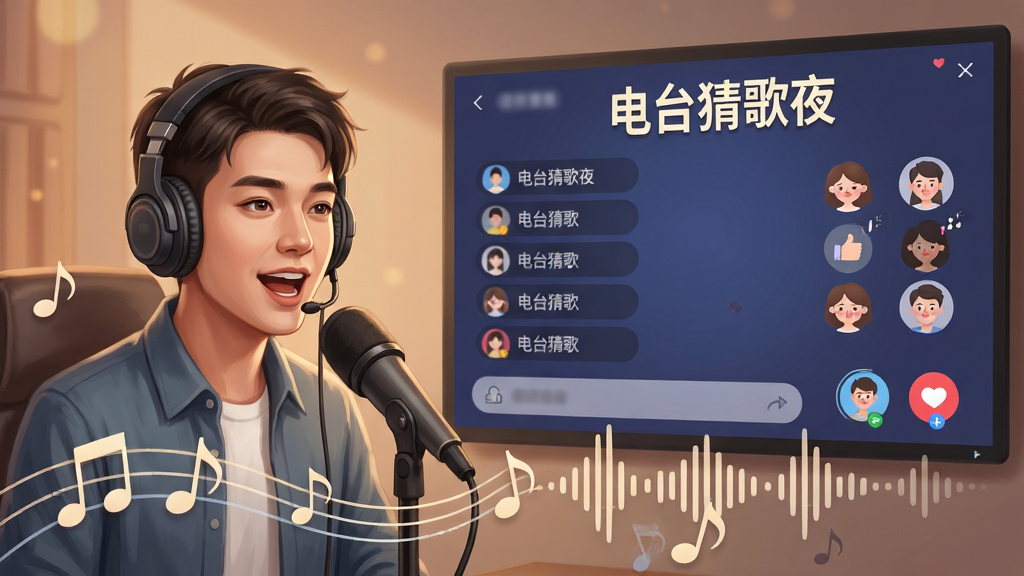 主体:一个麦克风前的主播正在热情讲话,背后大屏幕上显示“电台猜歌夜”的实时互动界面,有听众弹幕和连麦头像。布局:主播位于左侧三分之一处,右侧是屏幕投影,画面均衡。排版:前景有飘动的音符和声波曲线。风格:写实与插画结合,暖色调,光线柔和。细节:主播戴着耳机,屏幕上有“电台猜歌夜”字样和听众点赞动画。画质:高清,干净无多余元素。