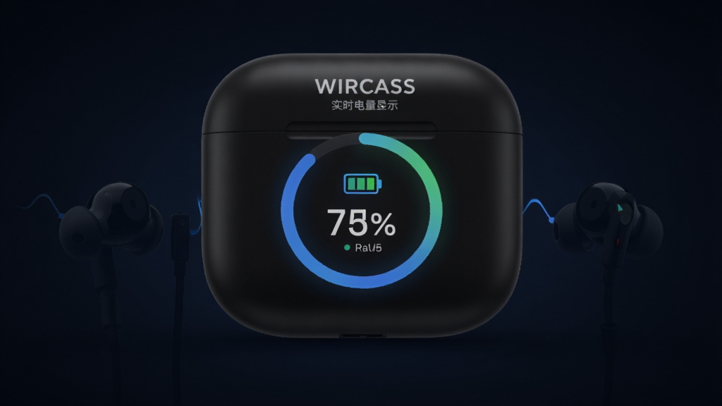 WIRCASS实时电量显示界面,主体为耳机充电仓与耳机,电量以环形百分比图显示,布局为居中,背景为深色渐变,风格为科技感UI设计,细节包括电池图标和百分比数字,画质高清,干净无多余元素。