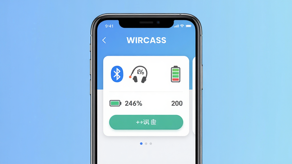 WIRCASS软件主界面预览,展示耳机连接状态与电量信息,主体为一部智能手机屏幕,屏幕内显示WIRCASS应用界面,界面顶部有“WIRCASS”字样,下方为耳机设备卡片,卡片上有电量百分比和连接状态图标。布局为居中构图,手机屏幕占据画面主体,背景为柔和的渐变蓝色,风格简洁现代,采用扁平化设计,细节包括蓝牙图标、电池图标和连接按钮,画质高清,干净无多余元素。