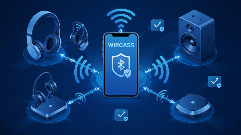 WIRCASS智能连接管理界面,主体为多台蓝牙设备与手机连接示意图,布局为环绕式,中央为手机,周围分布耳机、音箱等设备,以线条连接。风格为科技感插画,蓝色主色调,细节包括信号波纹和配对图标,画质清晰,干净无多余元素。