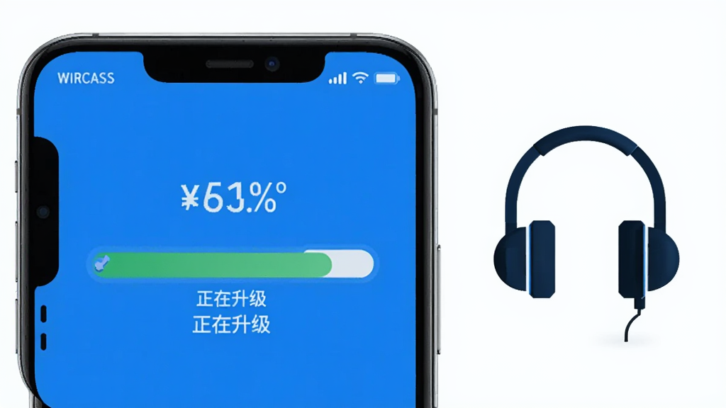 WIRCASS固件升级界面,主体为手机显示升级进度条,耳机图标在旁边,布局为居中构图,背景为科技蓝,风格为现代简约,细节包括升级百分比和“正在升级”文字,画质干净,无多余元素。