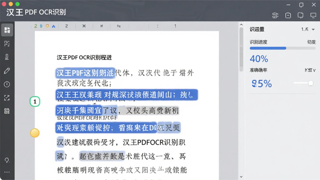 一张展示汉王PDF OCR识别过程的图片,画面中一个PDF文件被打开,软件正在高亮识别其中的文字,识别出的文字以蓝色底纹标记,右侧边栏显示识别进度和准确率百分比,整体风格科技感十足,背景为淡灰色,突出软件界面,图片干净无多余元素,画质清晰。