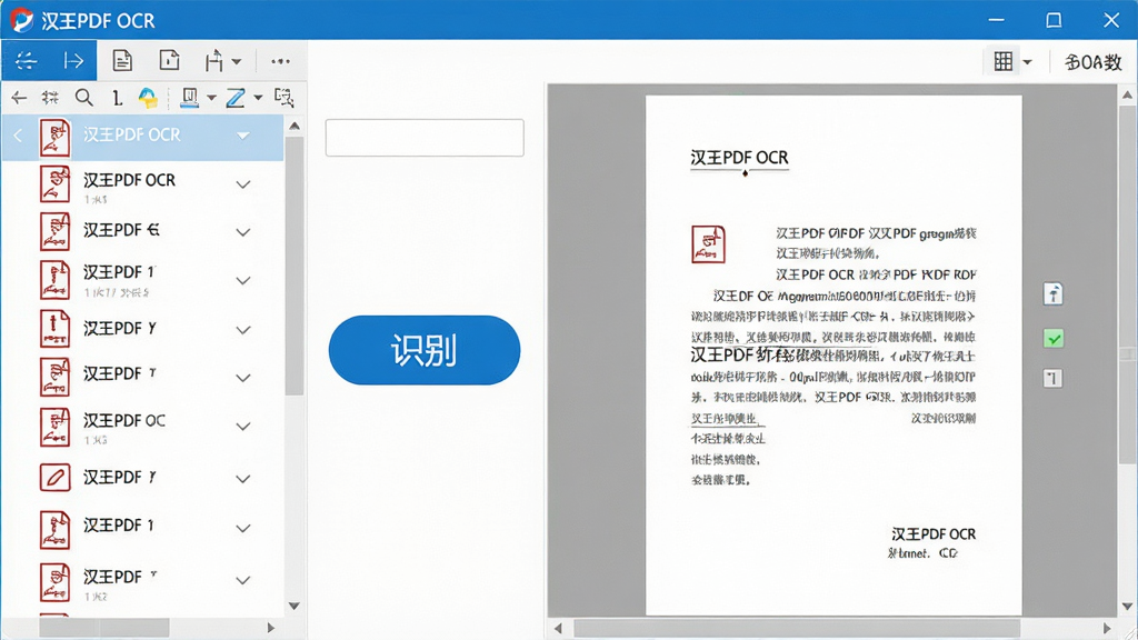 一张展示汉王PDF OCR软件主界面的高清截图,界面风格简洁现代,左侧为PDF文件列表,右侧为识别结果预览区,中间有醒目的“识别”按钮,界面以蓝色和白色为主色调,整体布局清晰,操作按钮排列有序,图片干净无多余元素,画质清晰,文字标签如“汉王PDF OCR”需清晰可见。