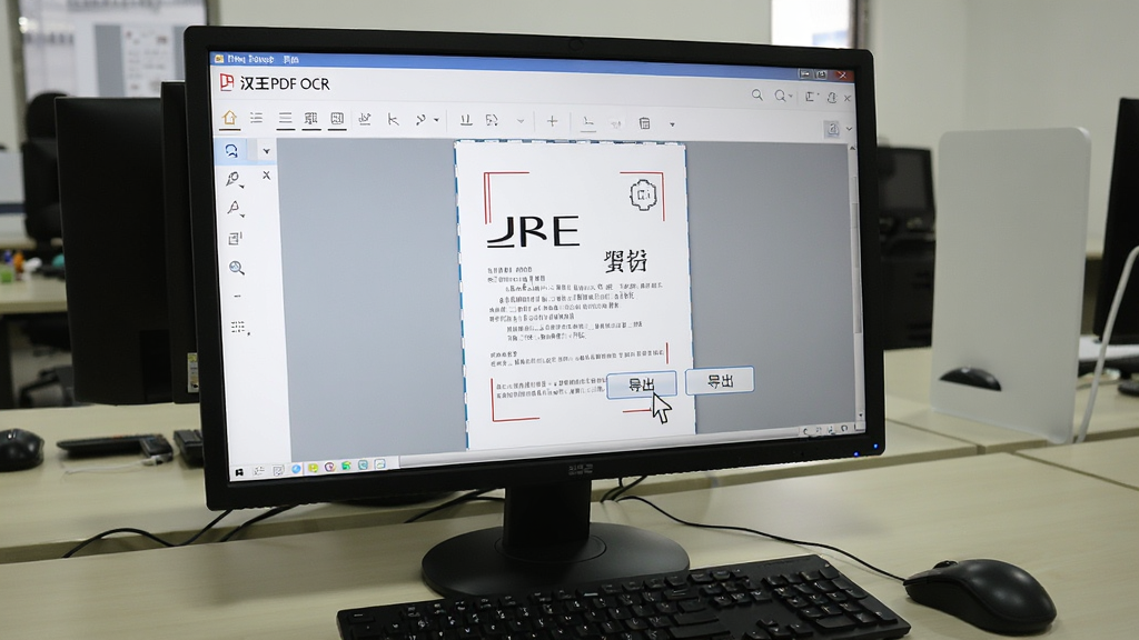 一张展示汉王PDF OCR在电脑上运行的实拍图,屏幕上显示软件主界面,一个PDF文件正在被识别,鼠标指针指向“导出”按钮,电脑键盘和鼠标清晰可见,整体环境为办公室,光线明亮,图片干净无多余元素,画质清晰。