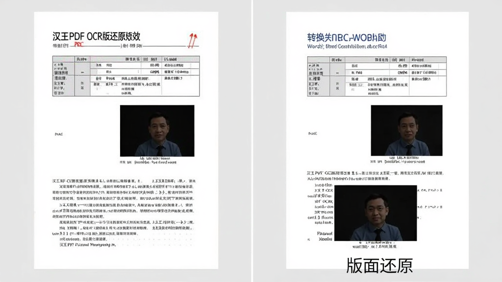 一张展示汉王PDF OCR版面还原效果的对比图,左侧为原始PDF页面,右侧为转换后的Word文档,两者排版几乎一致,表格、图片位置准确,文字清晰,图片下方有“版面还原”字样,整体风格专业,背景为浅灰色,图片干净无多余元素,画质清晰。