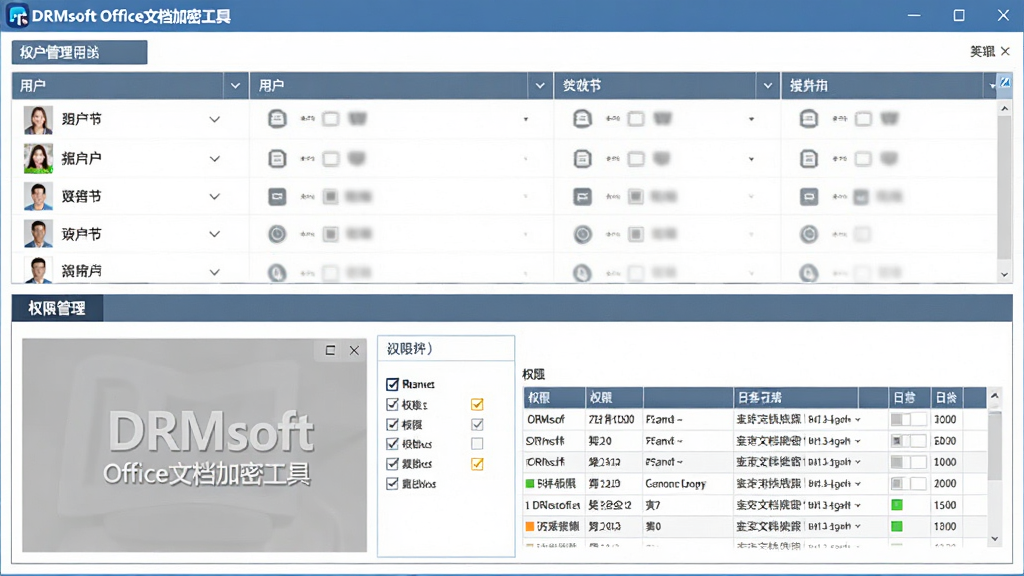 画面主体为“DRMsoft Office文档加密工具”的权限管理界面,布局为上下结构,上方是用户列表,下方是权限勾选项,风格为商务蓝灰配色,细节包含水印预览窗口与日志表格,画质高清,干净无多余元素