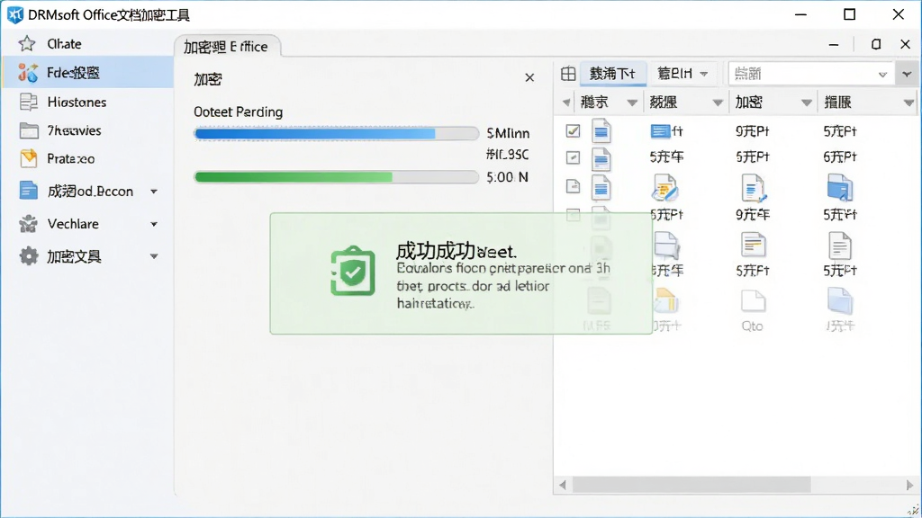 画面主体为“DRMsoft Office文档加密工具”在电脑端的操作截图,布局为软件主界面,左侧功能栏,右侧文件列表,风格为浅色背景,细节包含加密进度条与成功提示,画质高清,干净无多余元素