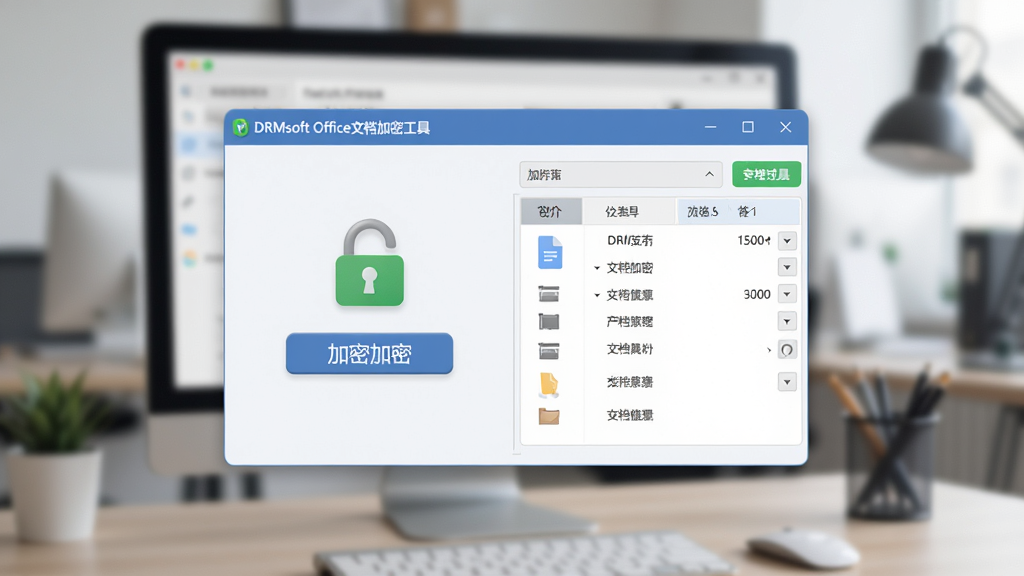 画面主体为一款名为“DRMsoft Office文档加密工具”的软件界面悬浮于电脑屏幕中央,背景是模糊的办公场景,布局采用居中构图,界面展示加密按钮与文件列表,排版简洁清晰,风格为现代扁平化结合轻微拟物质感,细节包含锁形图标与绿色安全标识,画质高清干净,无多余元素