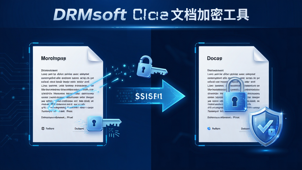 画面主体为“DRMsoft Office文档加密工具”的加密过程示意图,布局采用左右对比排版,左侧为明文文档,右侧为带锁的密文文件,中间有箭头连接,风格为科技感蓝色调,细节包含密钥生成与盾牌图标,画质清晰干净,无多余元素