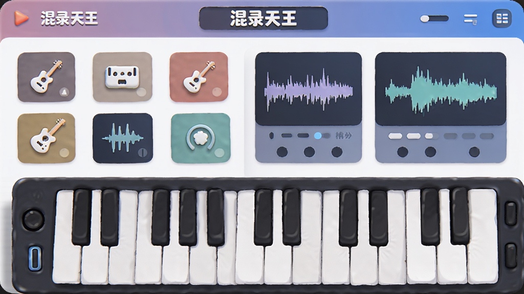 一幅展示混录天王音效库与虚拟乐器界面的插画,界面中有乐器图标、音效波形卡片,以及一个键盘乐器图形,整体色调明快,布局清晰,风格清新,带有“混录天王”字样,画质干净,无多余元素。